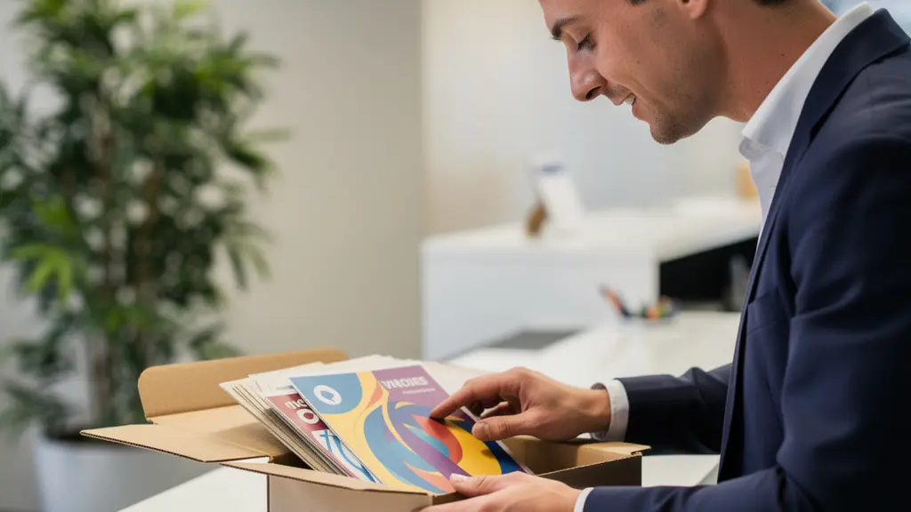 Professionnel ouvrant un colis de livraison avec supports imprimés colorés