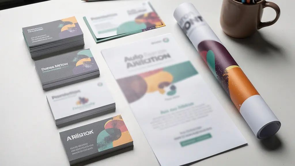 Supports de communication imprimés (flyers, cartes de visite, roll-up) disposés sur bureau