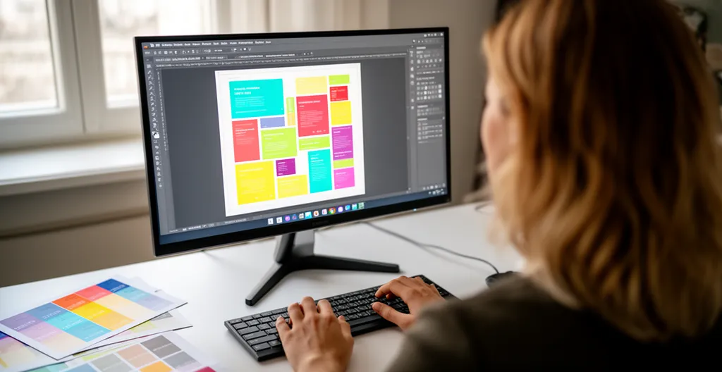 Designer préparant fichier impression sur logiciel PAO avec nuancier couleurs