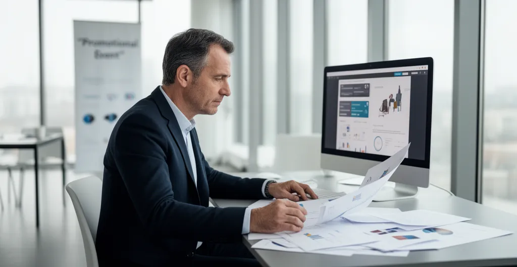 Professionnel vérifiant fichier impression en ligne sur écran avec supports imprimés sur bureau