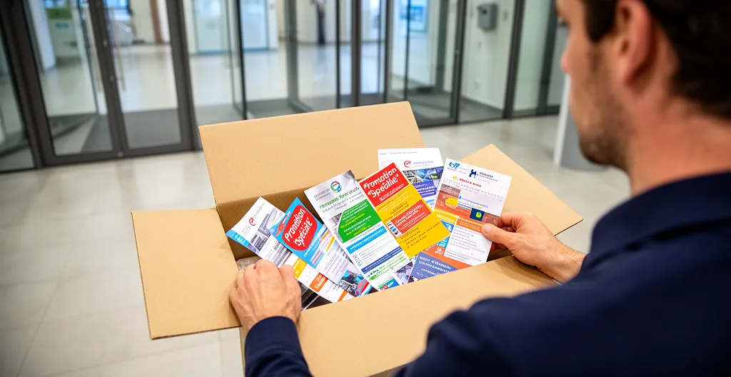 Collaborateur déballant carton de flyers imprimés dans hall d'entreprise