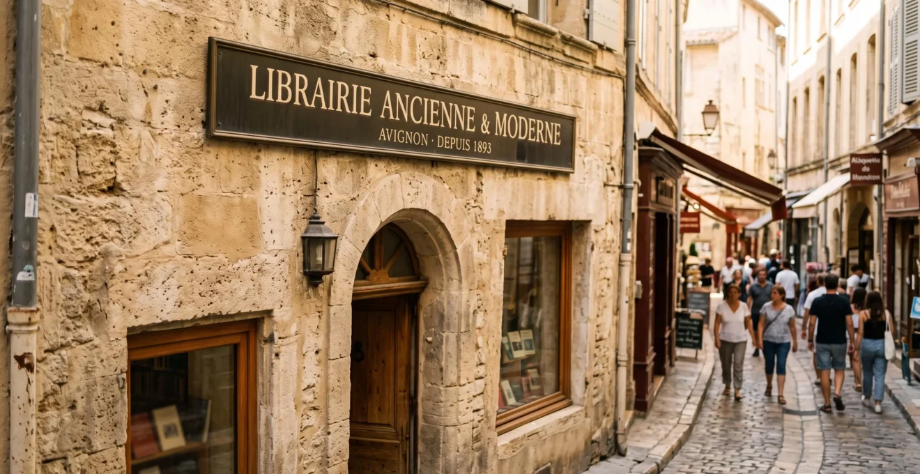 Enseigne commerciale discrète intégrée dans une façade de pierre en centre-ville historique d'Avignon