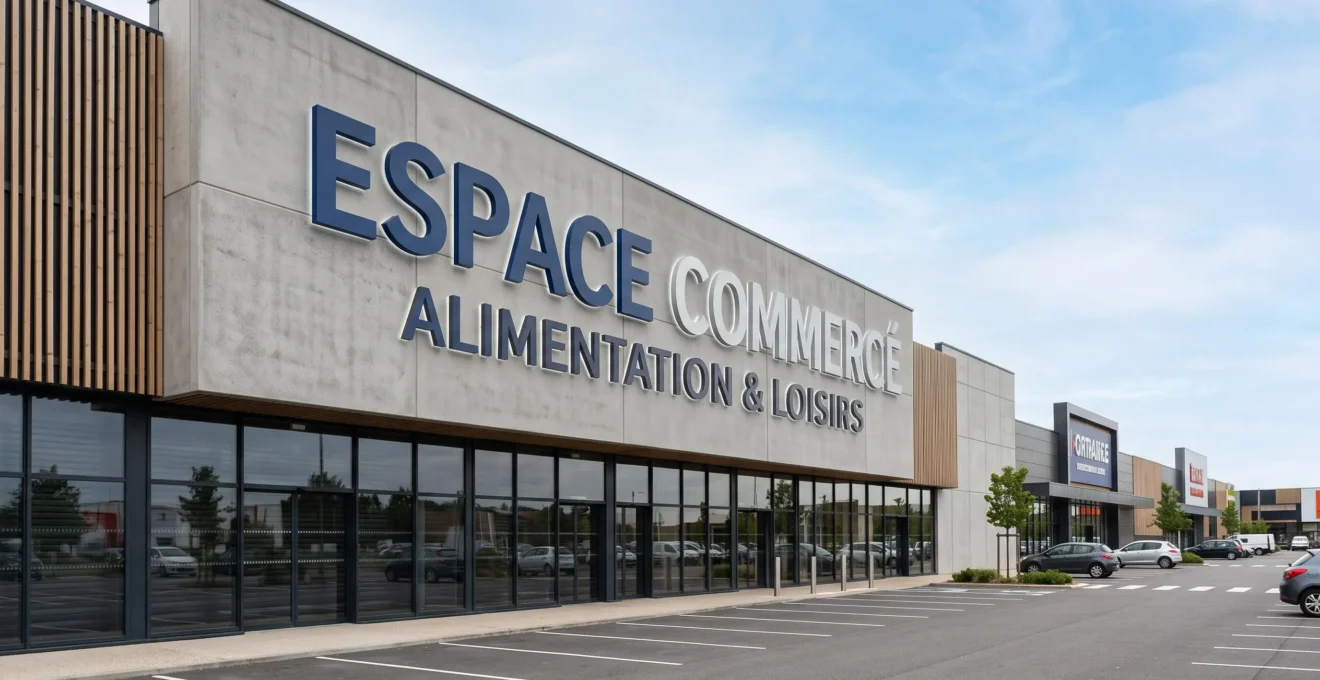 Enseigne commerciale moderne de grande taille sur façade de bâtiment en zone commerciale périphérique