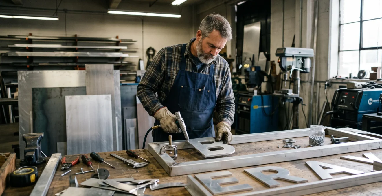 Artisan fabricant assemblant les composants métalliques d'une enseigne commerciale dans un atelier