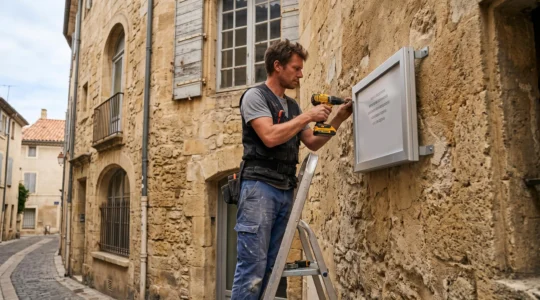 Installateur professionnel fixant une enseigne commerciale sur une façade en pierre à Avignon